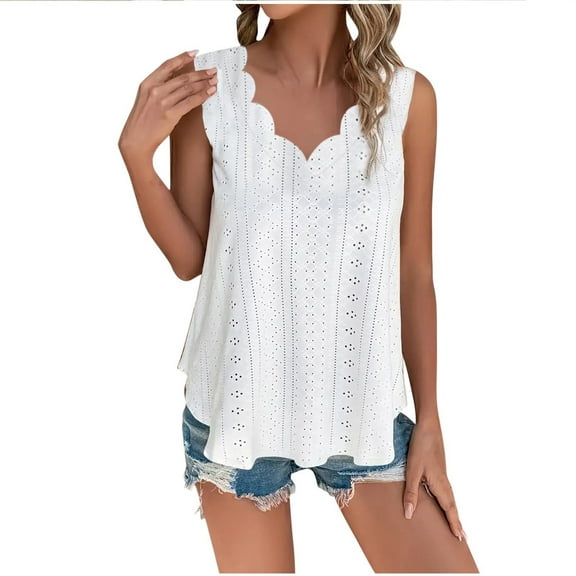 fatyb Plus Size Tank Tops for Women V Neck Eyelet Embroidery Shirts Sleeveless Loose Casual Beach Blouses