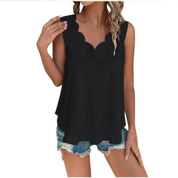 fatyb Plus Size Tank Tops for Women V Neck Eyelet Embroidery Shirts Sleeveless Loose Casual Beach Blouses