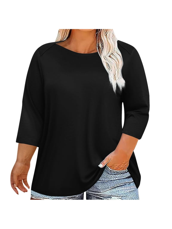 Plus Size Top for Women 3/4 Sleeve Crew Neck Casual Tshirts Soft Plain Womens Summer Loose Blouses
