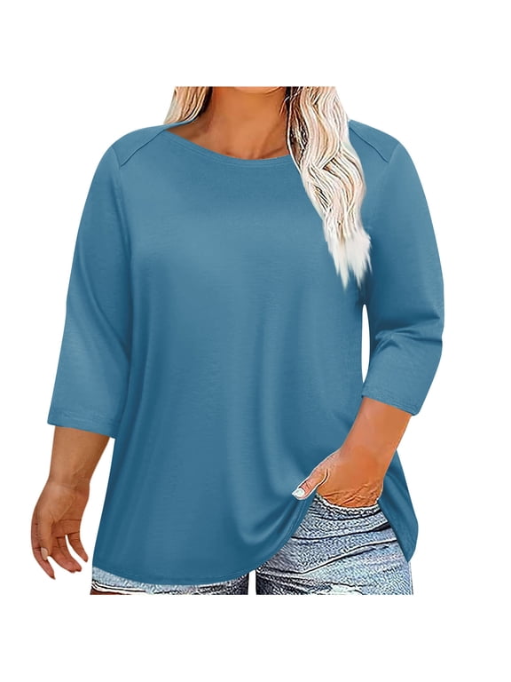 Plus Size Top for Women 3/4 Sleeve Crew Neck Casual Tshirts Soft Plain Womens Summer Loose Blouses