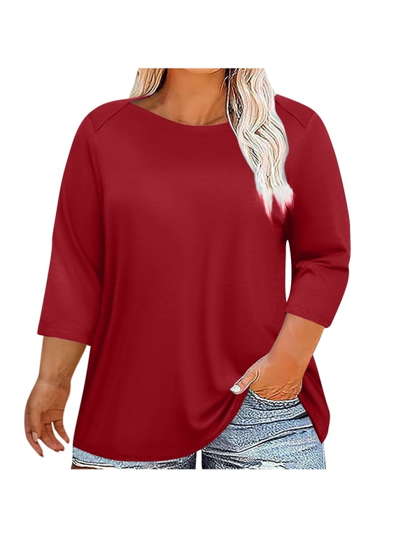 Plus Size Top for Women 3/4 Sleeve Crew Neck Casual Tshirts Soft Plain Womens Summer Loose Blouses