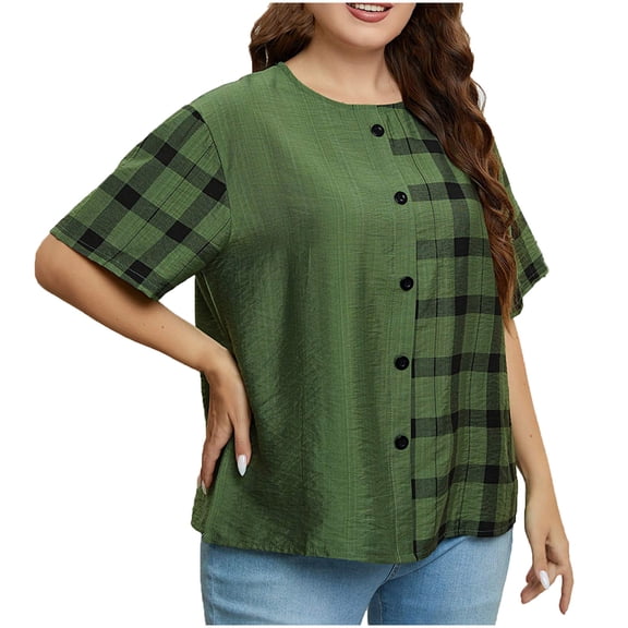 fatyb Plus Size Tops Womens Plaid Patchwork Button Blouses Crewneck Short Sleeve Casual Loose Tshirts