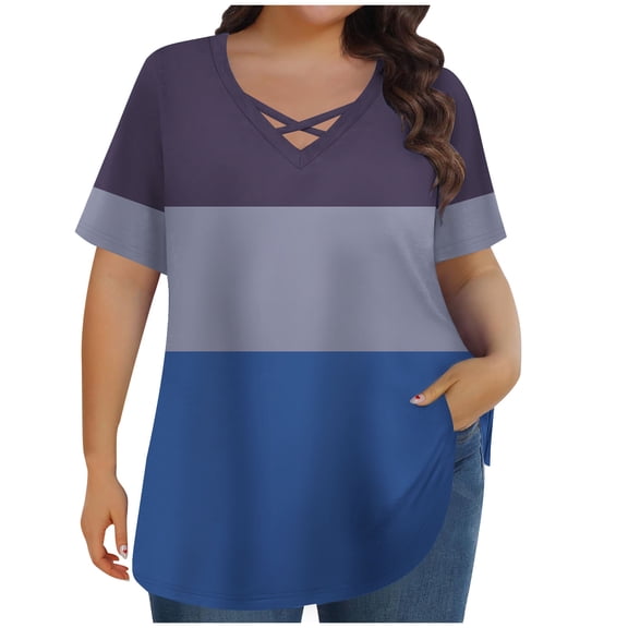 fatyb Plus Size Tops Womens Summer Criss Cross V Neck T-Shirts Short Sleeve Pullover Blouses for Women