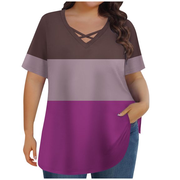 fatyb Plus Size Tops Womens Summer Criss Cross V Neck T-Shirts Short Sleeve Pullover Blouses for Women