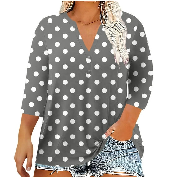fatyb Plus Size Tops for Women 3/4 Sleeve Button V Neck Casual Tee Shirts Womens Loose Tunic Blouses
