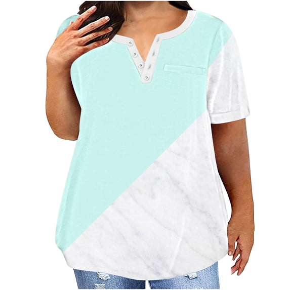 fatyb Plus Size Tops for Women Color Block Short Sleeve T-Shirt Comfy Loose Casual Basic Tee Shirts