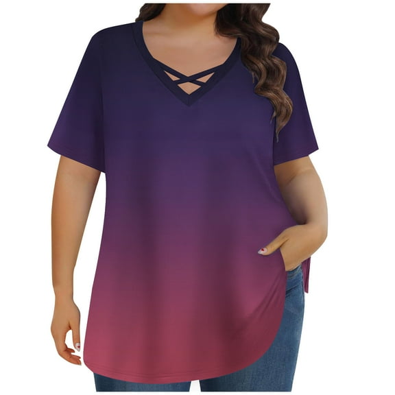 fatyb Plus Size Tops for Women Criss Cross V Neck Tshirts Gradient Short Sleeve Casual Loose Blouses Tee