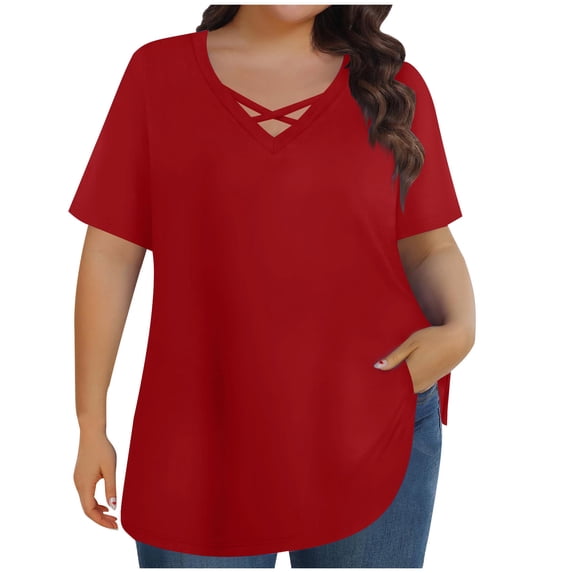 fatyb Plus Size Tops for Women Crisscross V Neck T Shirts Short Sleeve Womens Loose Tee Casual Blouses