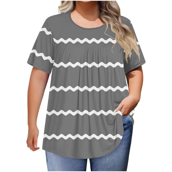 fatyb Plus Size Tops for Women Short Sleeve Pleated Stripe Shirts Round Neck Dressy Loose Tee Blouses