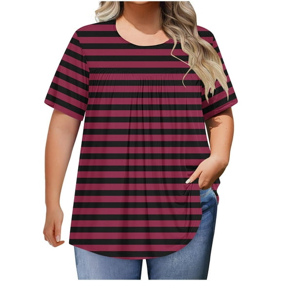fatyb Plus Size Tops for Women Short Sleeve Pleated Stripe Shirts Round Neck Dressy Loose Tee Blouses