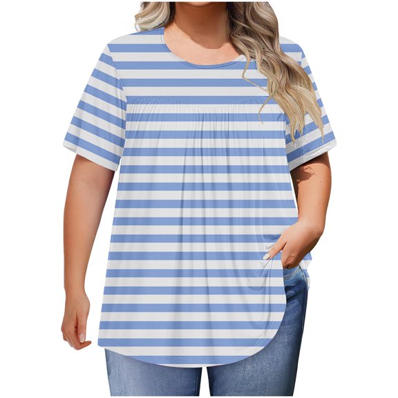 fatyb Plus Size Tops for Women Short Sleeve Pleated Stripe Shirts Round Neck Dressy Loose Tee Blouses