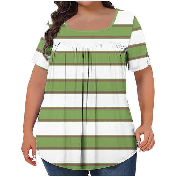 fatyb Plus Size Tops for Women Striped Square Neck Pleated Shirts Short Sleeve Loose Casual Blouses