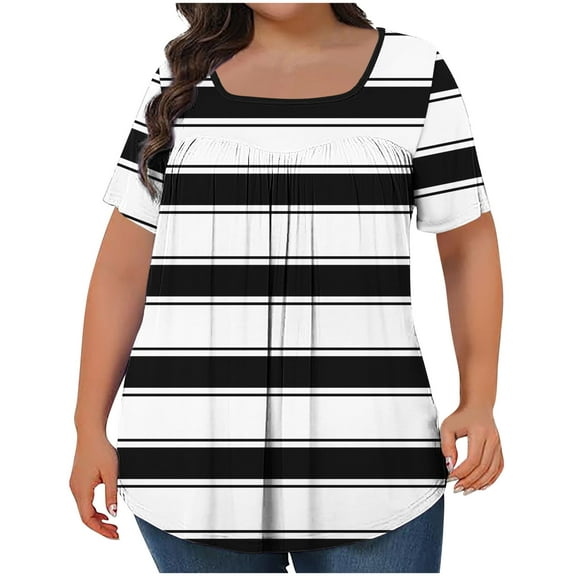 fatyb Plus Size Tops for Women Striped Square Neck Pleated Shirts Short Sleeve Loose Casual Blouses