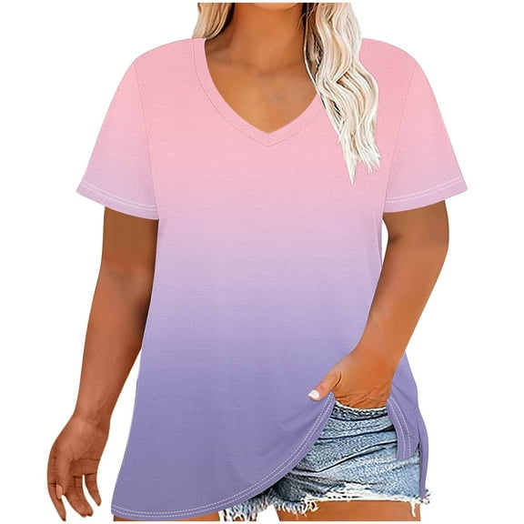 fatyb Plus Size Tops for Women Summer V Neck Short Sleeve Shirts Casual Loose Print Womens Tunic Tops