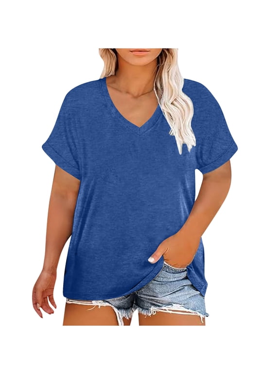 Plus Size Tops for Women V Neck Short Sleeve Loose T Shirts Casual Plain Womens Summer Blouses