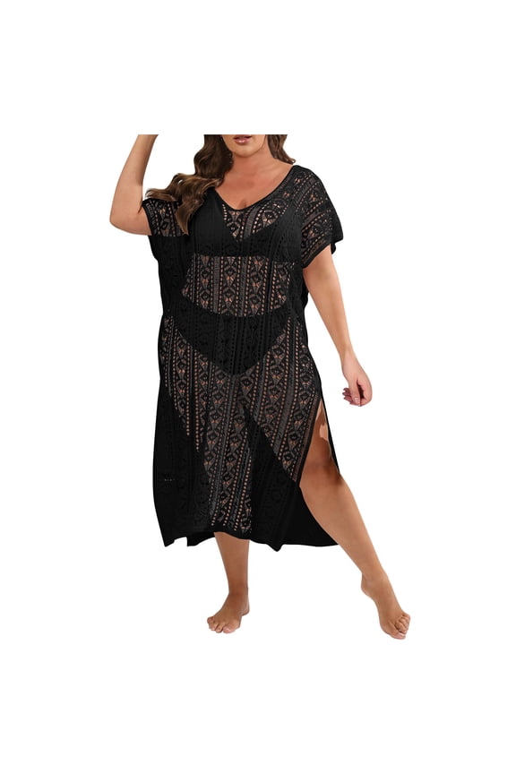 Plus Size Womens Cover up Swimsuit Crochet Split Bathing Suit Pullover Mesh Knit Beach Long Coverup