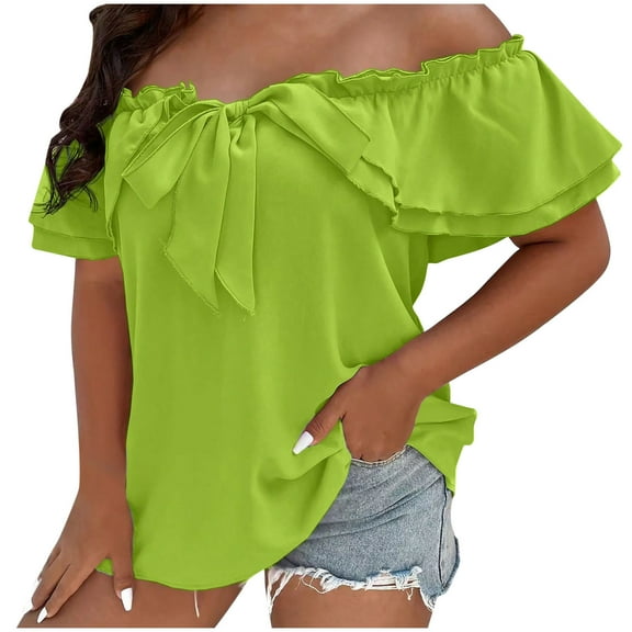 fatyb Plus Size Womens One Shoulder Blouses Ruffle Short Sleeve Elegant Shirts Tie Front Casual Tops