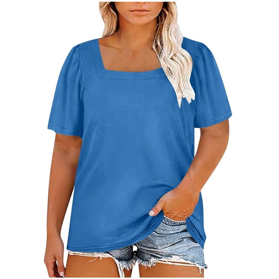 fatyb Plus Size Womens Square Neck Tops Short Sleeve Loose Tshirts Casual Plain Tee Blouses for Women