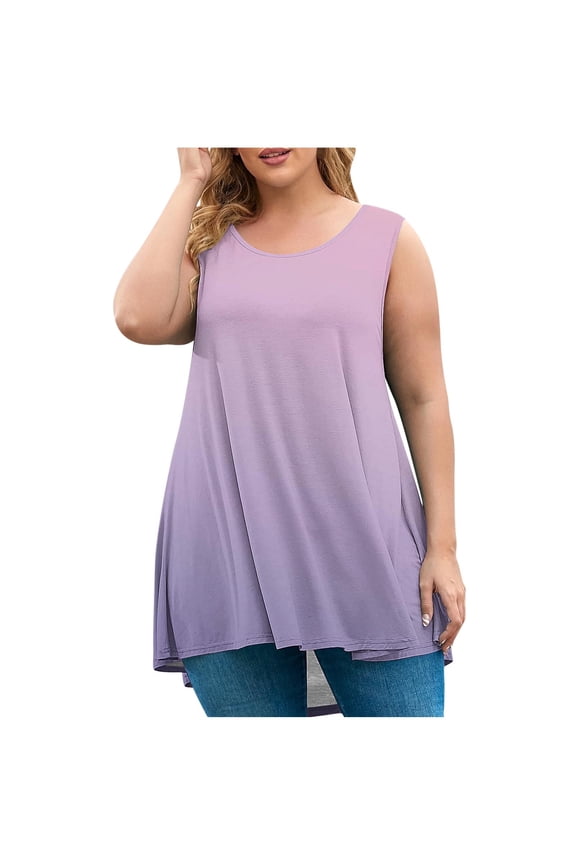 Plus Size Womens Tank Tops Gradient Color Sleeveless Flowy Tunic Casual Crew Neck Loose Blouses