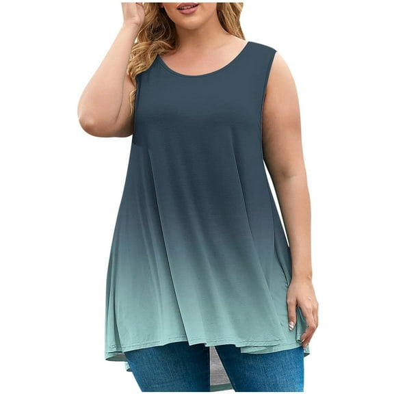 fatyb Plus Size Womens Tank Tops Gradient Color Sleeveless Flowy Tunic Casual Crew Neck Loose Blouses