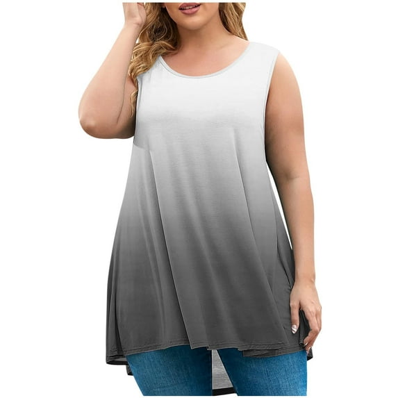 fatyb Plus Size Womens Tank Tops Gradient Color Sleeveless Flowy Tunic Casual Crew Neck Loose Blouses