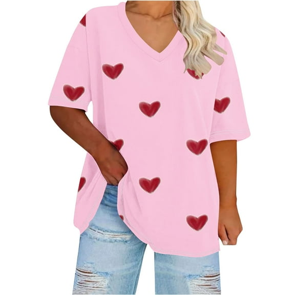 fatyb Plus Size Womens V Neck Oversized Tshirts Print Short Sleeve Tees Tops Casual Loose Summer Blouses