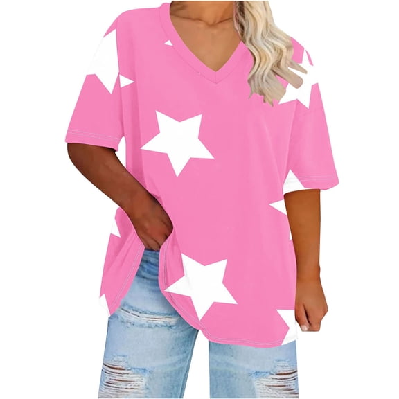 fatyb Plus Size Womens V Neck Oversized Tshirts Print Short Sleeve Tees Tops Casual Loose Summer Blouses