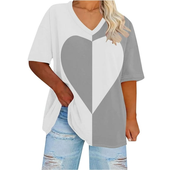 fatyb Plus Size Womens V Neck Oversized Tshirts Print Short Sleeve Tees Tops Casual Loose Summer Blouses