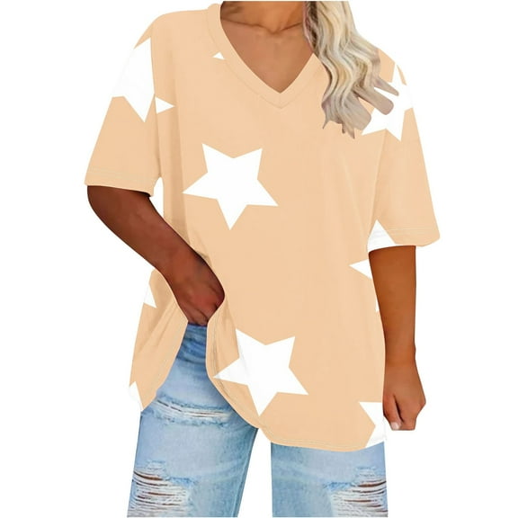 fatyb Plus Size Womens V Neck Oversized Tshirts Print Short Sleeve Tees Tops Casual Loose Summer Blouses