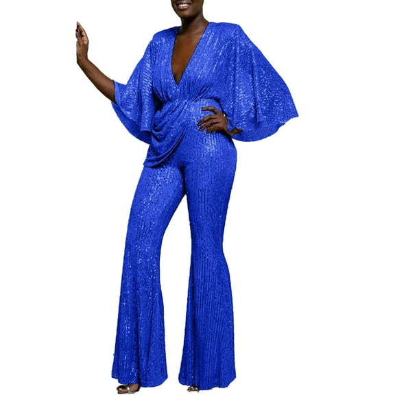 fatyb Sequin Jumpsuits for Women Sparkly Wrap V Neck One-Piece Flare Leg Elegant Party Romper Clubwear