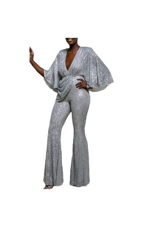 Sequin Jumpsuits for Women Sparkly Wrap V Neck One-Piece Flare Leg Elegant Party Romper Clubwear