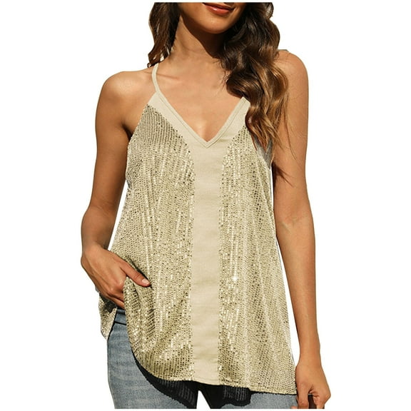 fatyb Sequin Tank Tops for Women Glitter V Neck Spaghetti Strap Camisole Sleeveless Racerback Party Tops