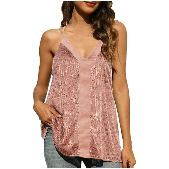fatyb Sequin Tank Tops for Women Glitter V Neck Spaghetti Strap Camisole Sleeveless Racerback Party Tops