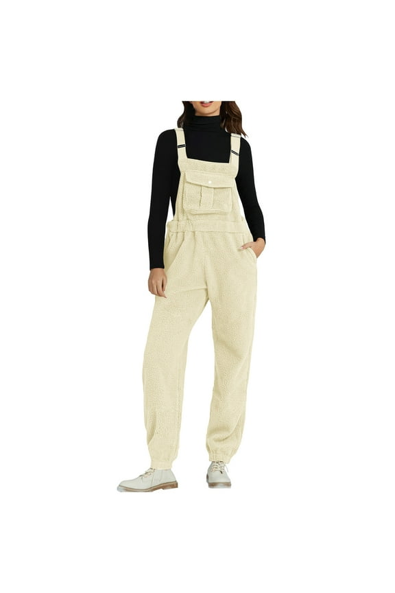 Sherpa Overalls for Women Fall Winter Fuzzy Fleece Jumpsuit Womens Adjustable Strap Casual Rompers