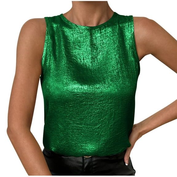fatyb Shiny Tank Tops Women's Round Neck Sleeveless Dressy Shirts Sparkly Summer Party Glitter Blouses