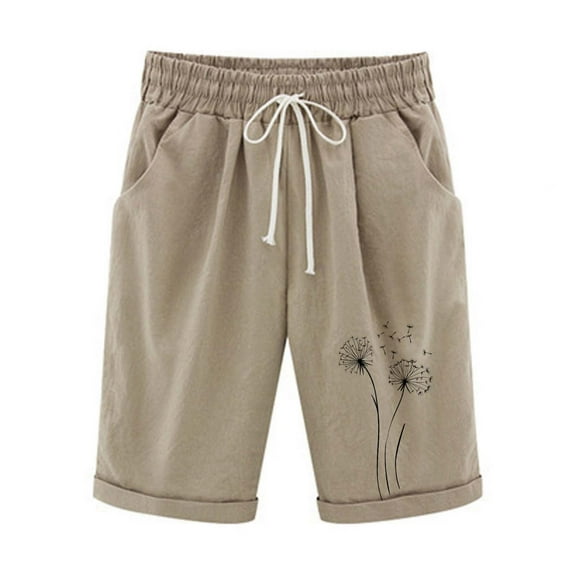 fatyb Shorts Knee Length for Women Elastic Waist Casual Shorts Print Drawstring Graphic Pocket Shorts