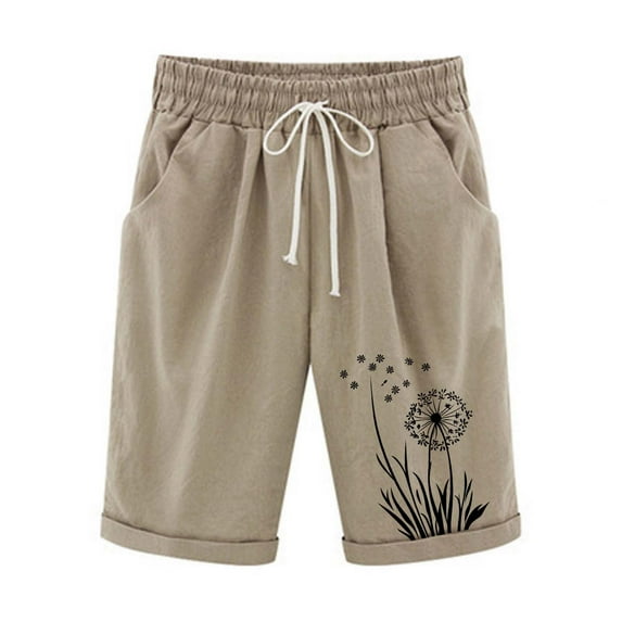 fatyb Shorts Knee Length for Women Elastic Waist Casual Shorts Print Drawstring Graphic Pocket Shorts