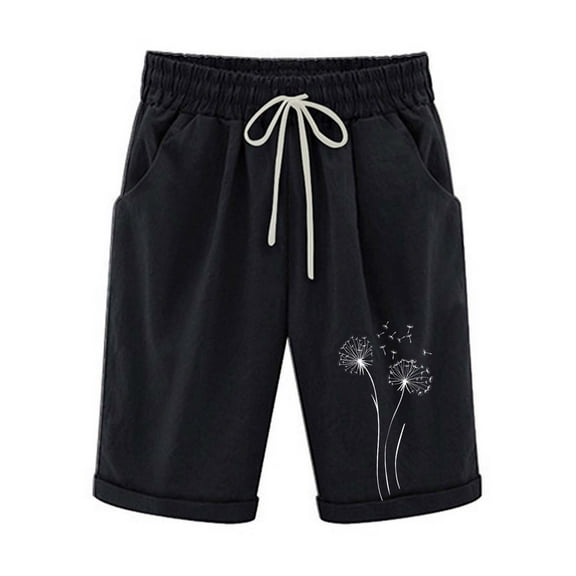 fatyb Shorts Knee Length for Women Elastic Waist Casual Shorts Print Drawstring Graphic Pocket Shorts