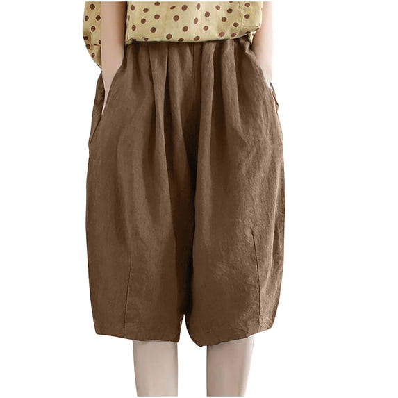 fatyb Shorts for Women Knee Length Cotton Linen Casual Shorts Elastic Waist Plain Pull on Short Pants