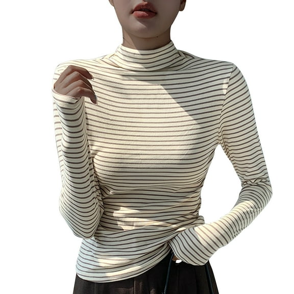 fatyb Striped Mock Neck Shirts Womens Long Sleeve Slim Tops Stretchy Undershirts Casual Basic Shirts