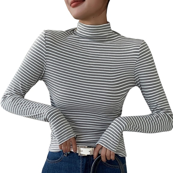 fatyb Striped Mock Neck Shirts Womens Long Sleeve Slim Tops Stretchy Undershirts Casual Basic Shirts