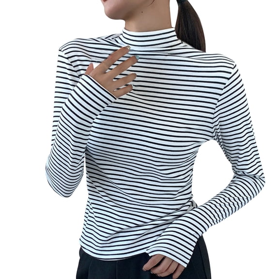 fatyb Striped Mock Neck Shirts Womens Long Sleeve Slim Tops Stretchy Undershirts Casual Basic Shirts