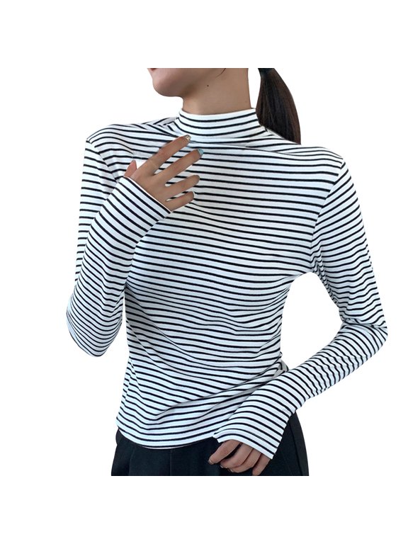 Striped Mock Neck Shirts Womens Long Sleeve Slim Tops Stretchy Undershirts Casual Basic Shirts