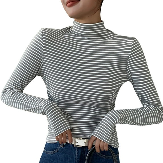 fatyb Striped Mock Neck Shirts Womens Long Sleeve Slim Tops Stretchy Undershirts Casual Basic Shirts