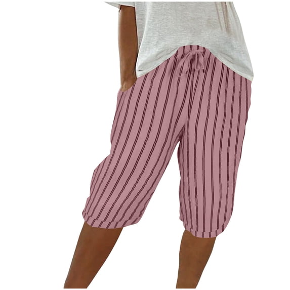 fatyb Striped Shorts for Women Knee Length Casual Shorts Comfort Drawstring Short Pants with Pockets