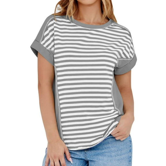 fatyb Striped Tshirts for Women Crew Neck Short Sleeve Tees Tops Casual Loose Womens Summer T-Shirts