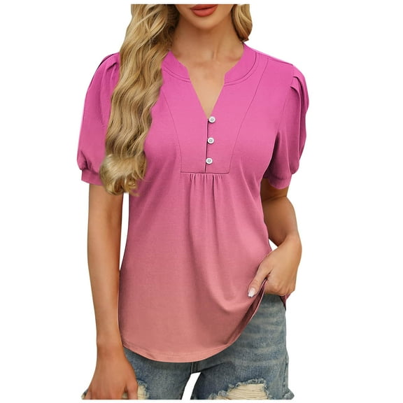 fatyb Summer Tops for Women Print Button V Neck Tunic Shirts Loose Short Sleeve Fashion Blouses
