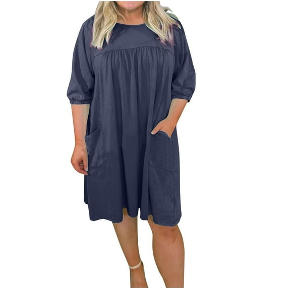 fatyb Summer Dresses for Women Puff Half Sleeve Loose Midi Dress Pleated Casual Tshirt Dress with Pockets