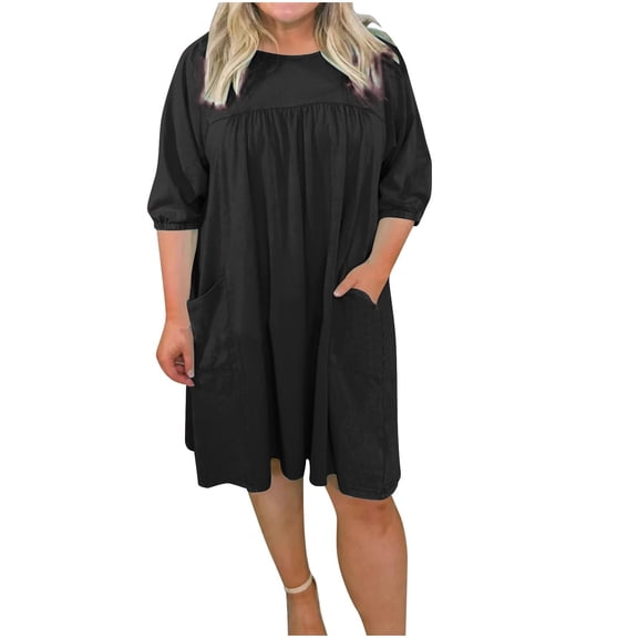 fatyb Summer Dresses for Women Puff Half Sleeve Loose Midi Dress Pleated Casual Tshirt Dress with Pockets
