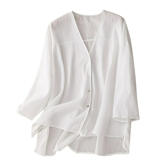 fatyb Summer Flowy Tops for Women Plain Long Sleeve Button down Shirt Women's V Neck Casual Shirts